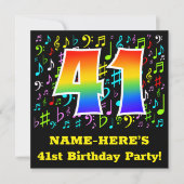 41歳の誕生日パーティー：楽しい音楽のシンボル、虹41 招待状 (正面)
