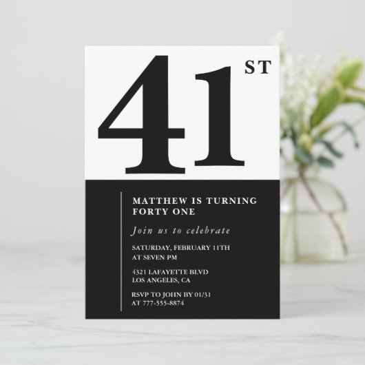 41歳の誕生日招待状白黒エレガント 招待状 (スタンド正面)