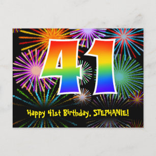 41歳の誕生日 – 楽しい花火模様 + レインボー41 ポストカード