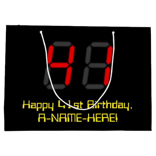 41歳の誕生日:赤い電卓風デザインの「41」+ 名前 ラージペーパーバッグ (裏面)