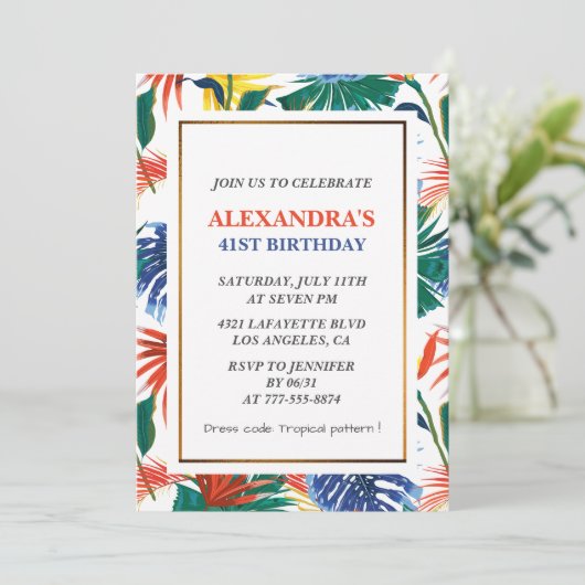 41歳エレガントの誕生日招待状熱帯フローラ 招待状 (スタンド正面)