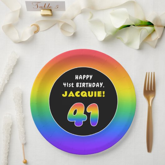41番目の誕生日カラフル: Rainbow # 41,名前をカスタムする ペーパープレート (ウェディング)