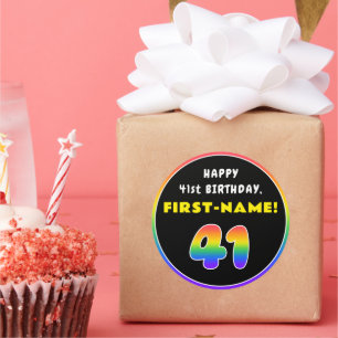 41番目の誕生日カラフル: Rainbow # 41,名前をカスタムする ラウンドシール