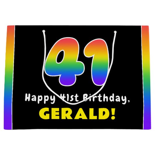 41番目の誕生日カラフル: Rainbow # 41,名前をカスタムする ラージペーパーバッグ (正面)