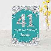 41番目の誕生日ティール(緑がかった色)とシルバーグリッターカード カード (黄色い花)