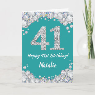 41番目の誕生日ティール(緑がかった色)とシルバーグリッターカード カード