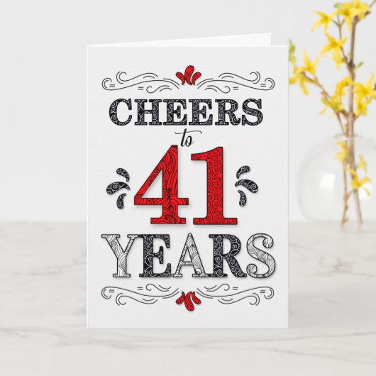 41番目の誕生日応援の赤い白の黒いパターン カード (黄色い花)