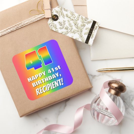 41番目の誕生日: カラフル、おもしろいレインボーパターン# 41 スクエアシール (ギフト)