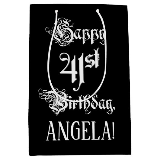 41番目の誕生日: ファンシー、スクリプエレガントト+名前をカスタムする ミディアムペーパーバッグ (正面)