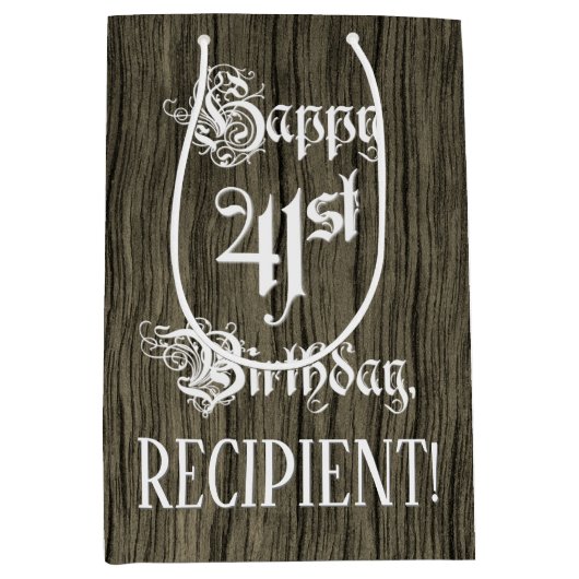 41番目の誕生日: ファンシー、フェイク木目+名前をカスタムする ミディアムペーパーバッグ (正面)