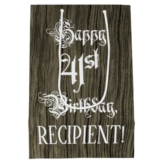 41番目の誕生日: ファンシー、フェイク木目+名前をカスタムする ミディアムペーパーバッグ (裏面)