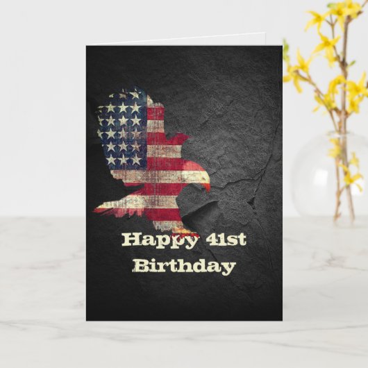 41誕生日の国旗とハゲのワシ カード (黄色い花)