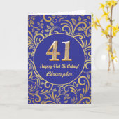 41誕生日ネイビーブルーと金ゴールドフローラルパターン カード (黄色い花)