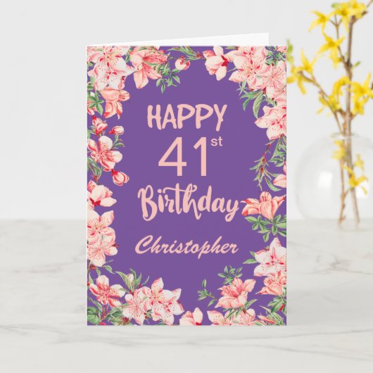 41誕生日パープルピンクピーチウォーターフローラ カード (黄色い花)
