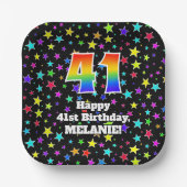 41誕生日:おもしろいスター柄と虹"41" ペーパープレート (正面)
