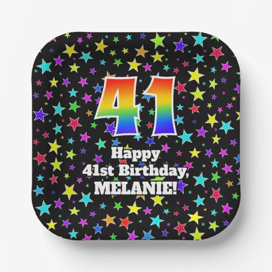 41誕生日:おもしろいスター柄と虹"41" ペーパープレート (正面)
