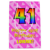 41誕生日:おもしろいピンクハートストライプ、虹41 ミディアムペーパーバッグ (正面)