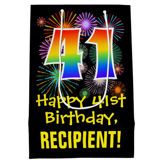 41誕生日:おもしろい花火パターン+虹41 ミディアムペーパーバッグ (裏面)