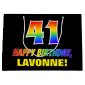 41誕生日:はっきりした、おもしろい、シンプル虹、虹41 ラージペーパーバッグ (正面)