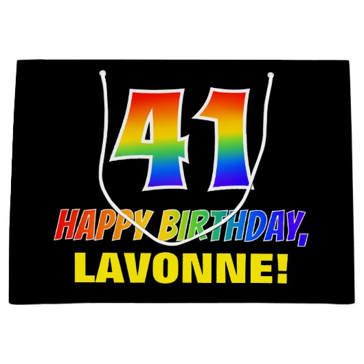 41誕生日:はっきりした、おもしろい、シンプル虹、虹41 ラージペーパーバッグ (正面)