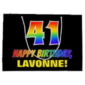 41誕生日:はっきりした、おもしろい、シンプル虹、虹41 ラージペーパーバッグ (裏面)