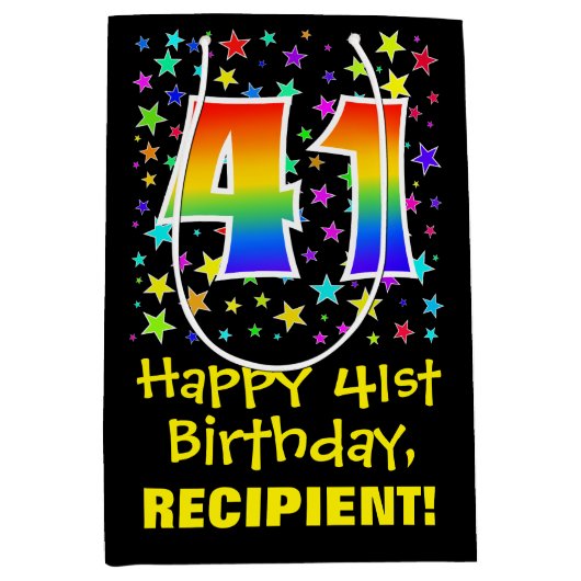 41誕生日:カラフルスターズパターン&レインボー41 ミディアムペーパーバッグ (正面)