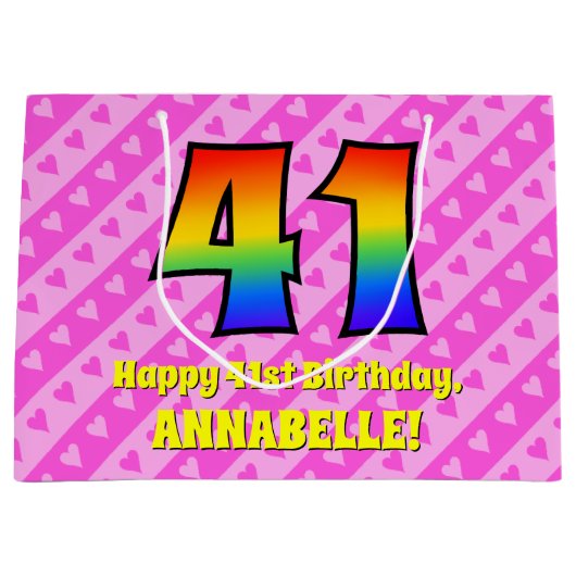 41誕生日:ピンクストライプのハート、レインボー# 41 ラージペーパーバッグ (正面)