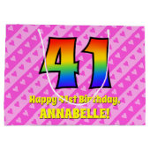 41誕生日:ピンクストライプのハート、レインボー# 41 ラージペーパーバッグ (裏面)