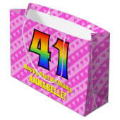 41誕生日:ピンクストライプのハート、レインボー# 41 ラージペーパーバッグ (裏面アングル)
