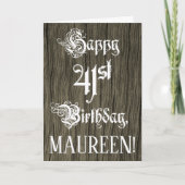 41誕生日:、ファンシーエレガント文字フェイク、Wood Look カード (正面)