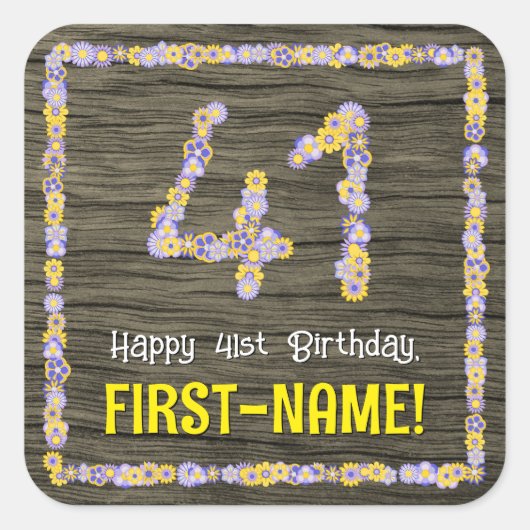 41誕生日:フローラ番号、フェイク木目、名前 スクエアシール (正面)