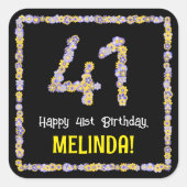 41誕生日:フローラ花数、名前をカスタムする スクエアシール (正面)