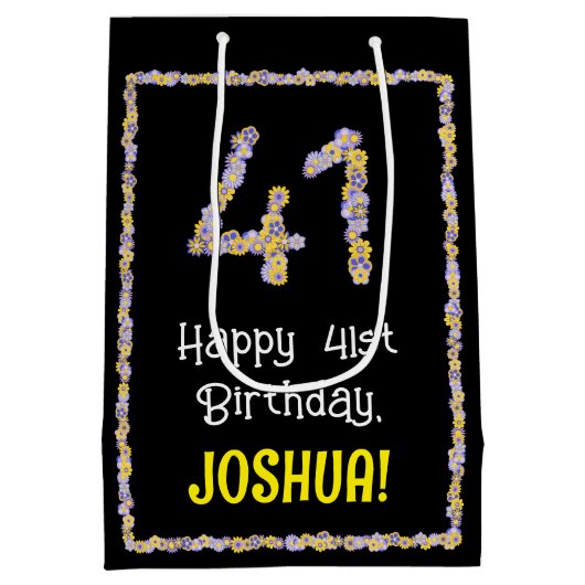 41誕生日:フローラ花数、名前をカスタムする ミディアムペーパーバッグ (裏面)