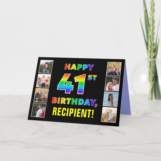 41誕生日:レインボー文字カスタム、写真&名前 カード (正面)
