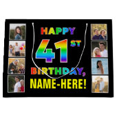 41誕生日：レインボー文字カスタム、写真&名前 ラージペーパーバッグ (正面)