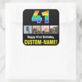41誕生日：レインボー「41」、写真カスタムと名前 スクエアシール (バッグ)
