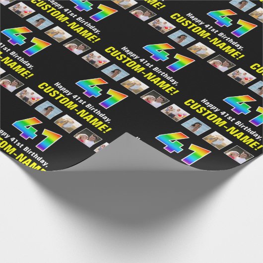 41誕生日:レインボー「41」、写真カスタムと名前 ラッピングペーパー (角)