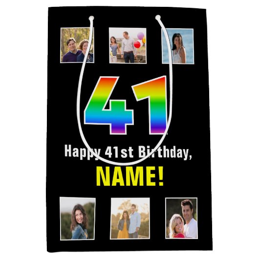 41誕生日: Rainbow "41"，写真カスタムと名前 ミディアムペーパーバッグ (正面)