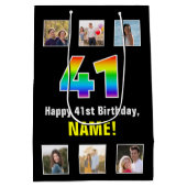 41誕生日: Rainbow "41",写真カスタムと名前 ミディアムペーパーバッグ (裏面)