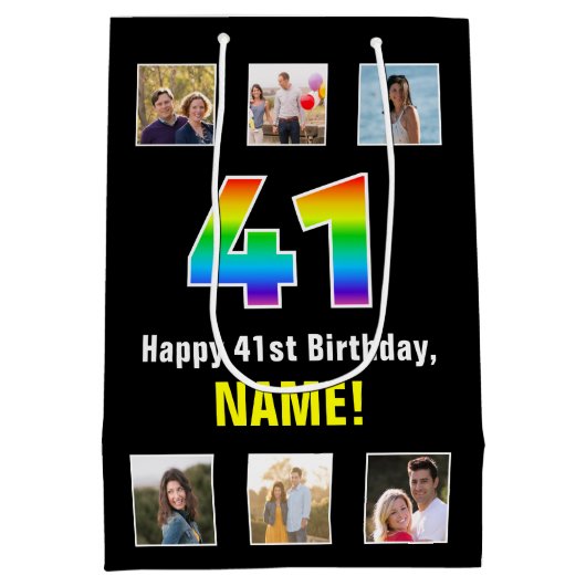 41誕生日: Rainbow "41"，写真カスタムと名前 ミディアムペーパーバッグ (裏面)