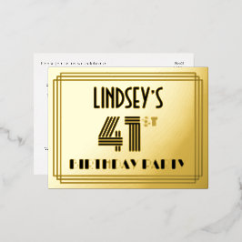 41st Birthday Party ~ Art Deco Style “41” + Name 箔招待状ポストカード