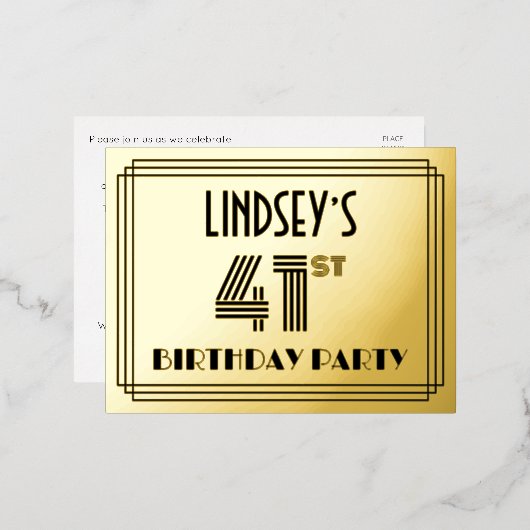41st Birthday Party ~ Art Deco Style “41” + Name 箔招待状ポストカード (正面/裏面)