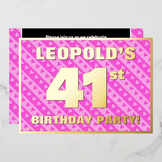 41th Birthday Party —おもしろいピンクのハートとストライプ 箔招待状 (正面/裏面)