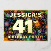 41th Birthday Party —おもしろい、カラフルFireworks Look 箔招待状 (正面)
