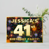 41th Birthday Party —おもしろい、カラフルFireworks Look 箔招待状 (立ち正面)