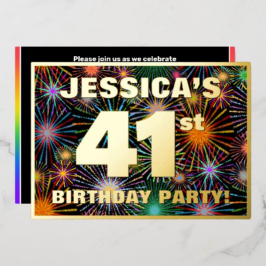 41th Birthday Party —おもしろい、カラフルFireworks Look 箔招待状 (正面/裏面)