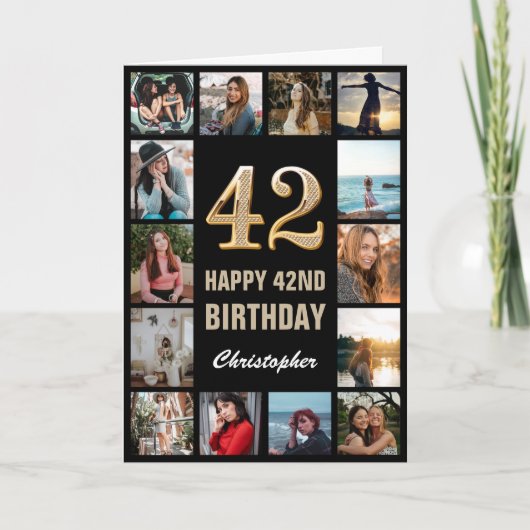 42ハッピーバースデーブラックと金ゴールドフォトコラージュ カード (正面)