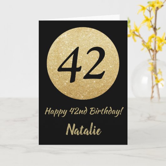 42台目の誕生日ブラックと金ゴールドグリッターカード カード (黄色い花)