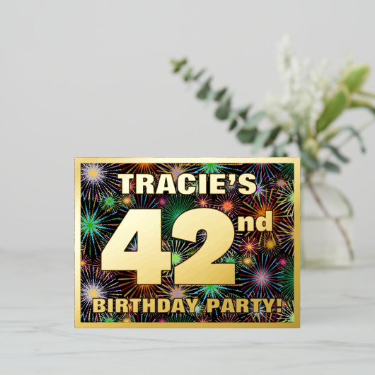 42回目の誕生日パーティはっきりした:, カラフル Fireworks Look 箔招待状ポストカード (立ち正面)