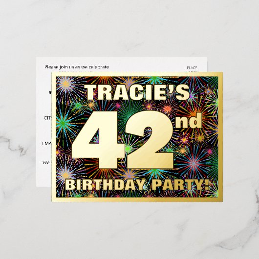 42回目の誕生日パーティはっきりした:, カラフル Fireworks Look 箔招待状ポストカード (正面/裏面)